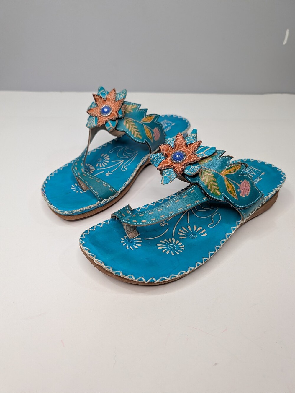 Spring Step L Artiste  Bajan Turquoise Floral Sandal Slide Thong Leather 42 READ